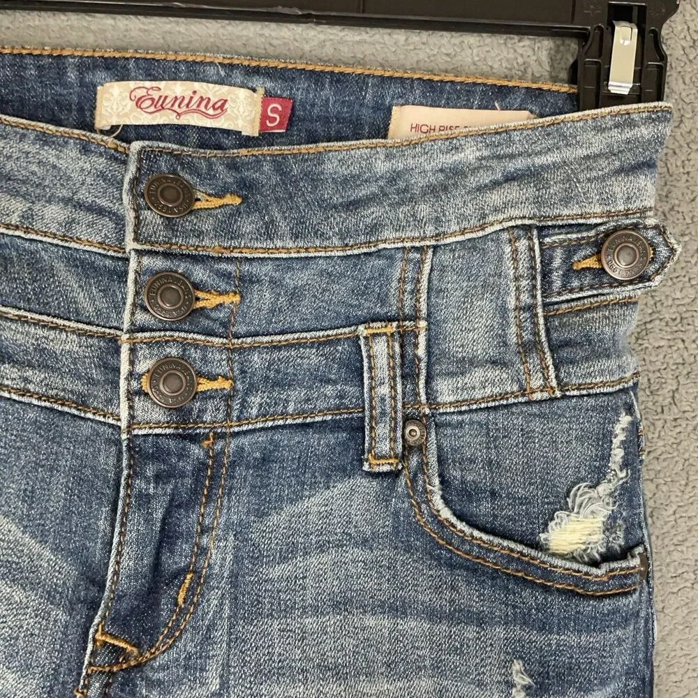 Eunina Denim Shorts Womens Size S High Rise Shortie Button Fly Distressed Cuffed